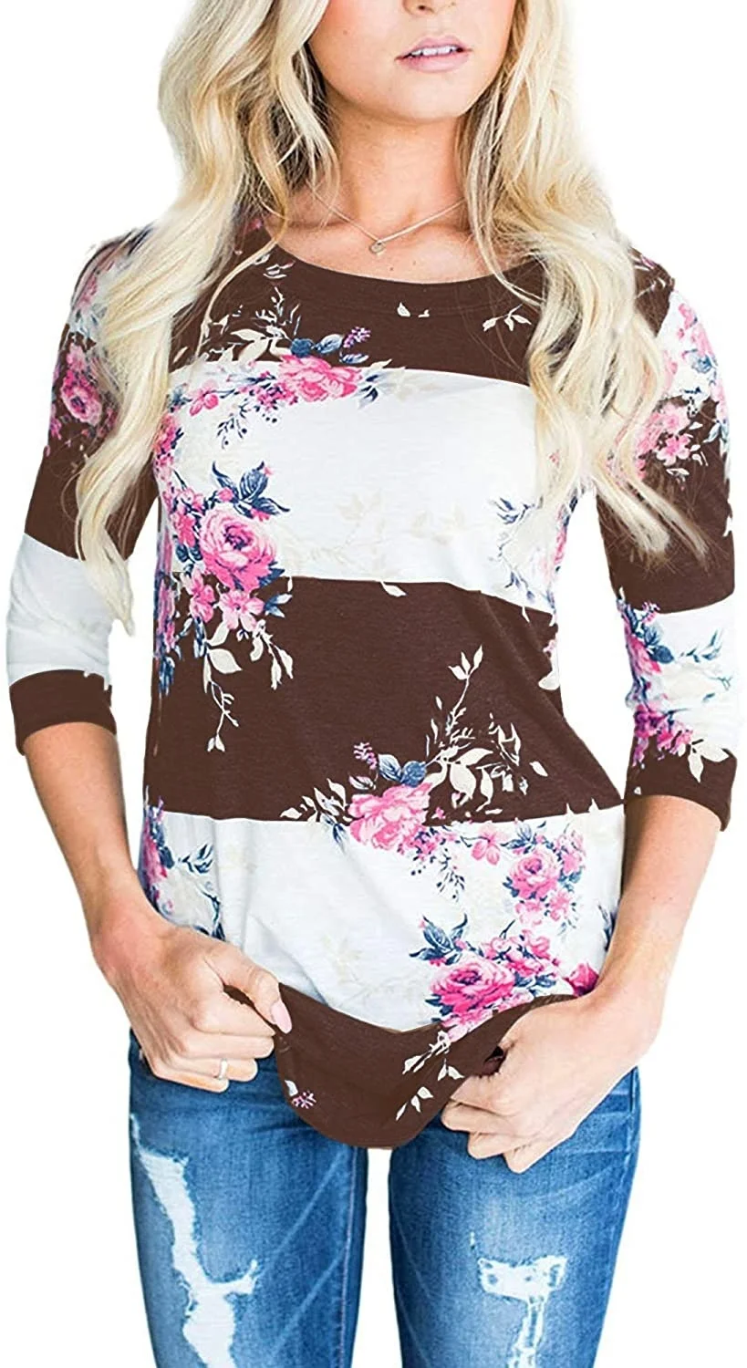 

Ceasikery Women's Shirt 7 / 4 Sleeve Floral Print T-shirt Comfortable Casual Top 003