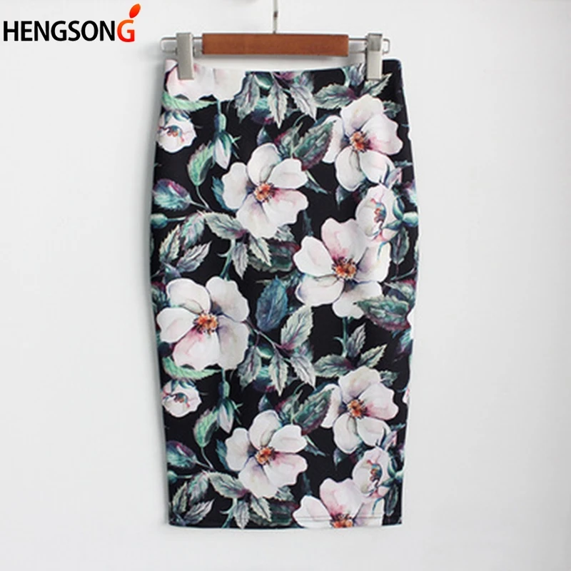 

Women Pencil Skirt High Waist Big Flower Bodycon Midi Skirt Ladies Print White Black Slim Office OL Hip Skirt
