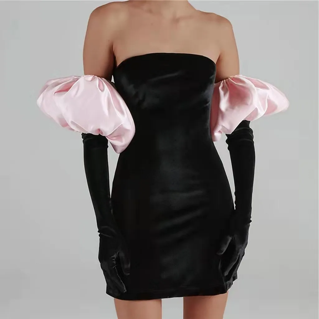 

Black Elegant Dresses for Women Velvet Off-shoulder Long Puff Sleeves Sexy Slim Strapless Streetwear Bodycon Party Mini Dress