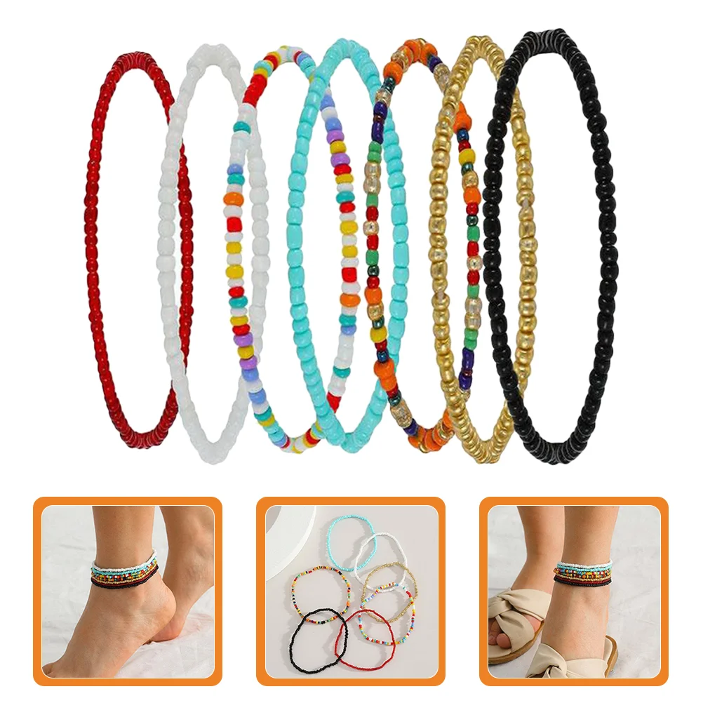 

7 Pcs Bead Anklet Set Beaded Elastic Anklets Chain Anklets For Women Girl Plastic Decorative Colorful Miss Stainless Steel