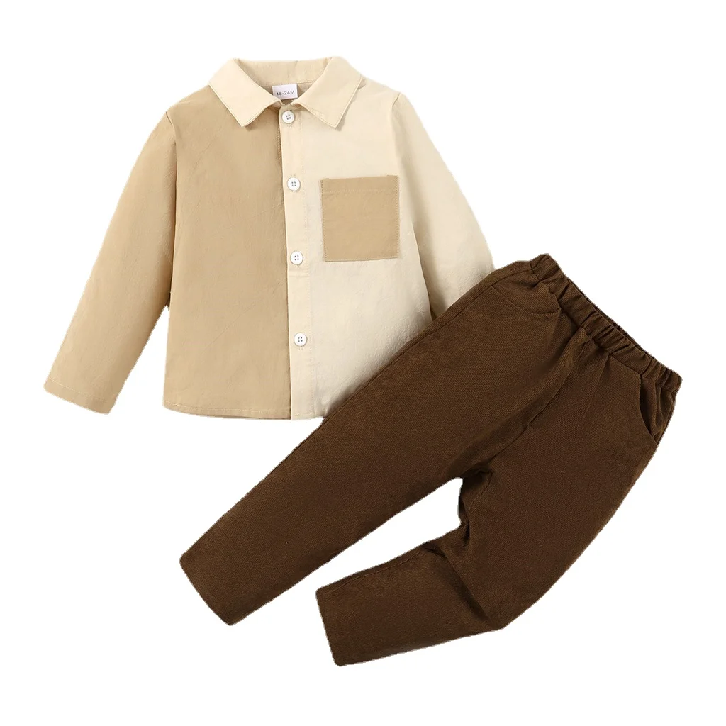 

1-6 Years Kids Baby Boy Clothes Suit Long Sleeve Color Blocking Pocket Shirt with Trousers 2PCS Children Boy Fashion Outfit Set