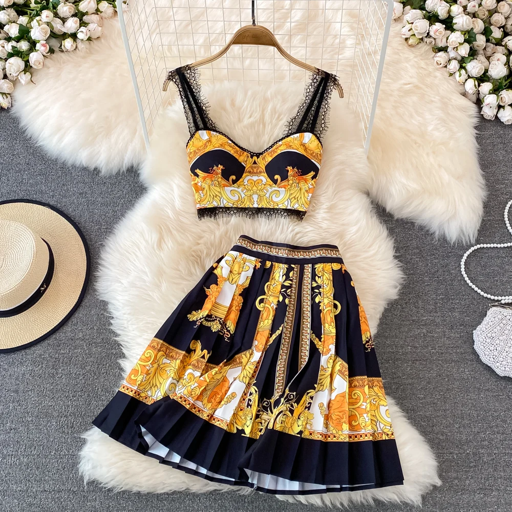 2023 Summer Fashion Two Piece Sets Women's Sleeveless Cup Padded Lace Stitching Crop Top + Retro Print Mini Pleated Skirts Suit