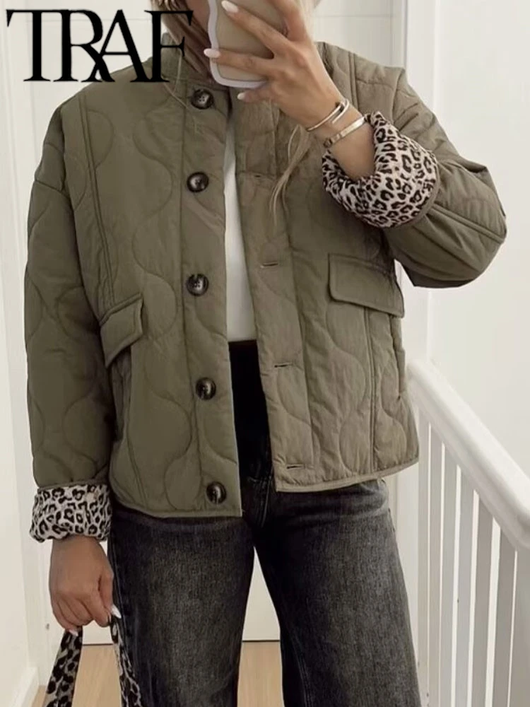 TRAF ROBE женское хлопковое пальто с леопардовой подкладкой 2024 зимнее однобортное