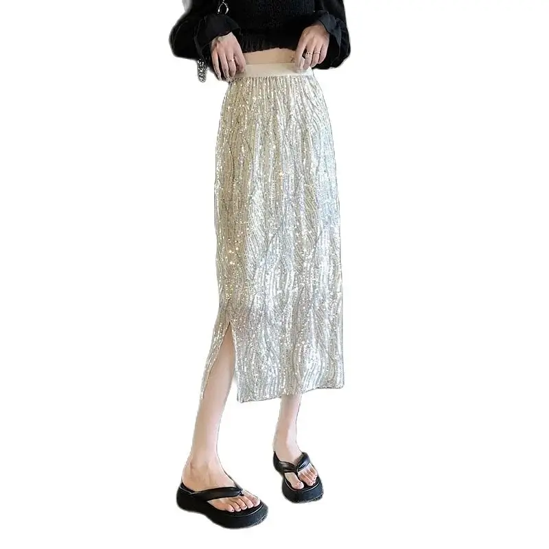 

Stylish Long Shiny Split Skirt Women's Clothing Spring Summer High Waist A-line Wrapped Hip Skirt Slim Black Party Skirts BC378