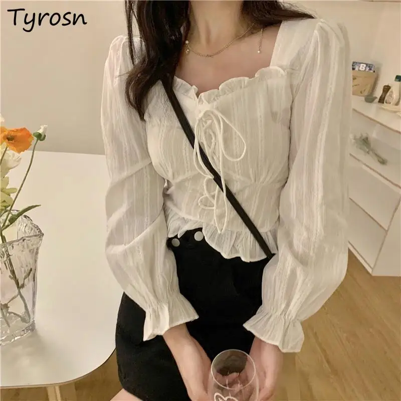 

Blouses Women Sweet Solid White Gentle All-match Sexy Crop Tops High Street Design Bandage Square Collar Long Sleeve Shirts Girl