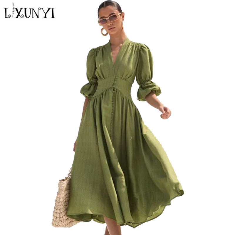 

LXUNYI летнее женское платье 2022 винтажное платье с рукавом до локтя женские элегантные длинные платья с глубоким V-образным вырезом и складкам...
