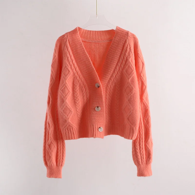 

2022 Autumn Winter Women's Twist Knitted Cardigan Jackets Short Sweaters Tops Solid V-Neck Long Sleeves Casual Sweaters JH726