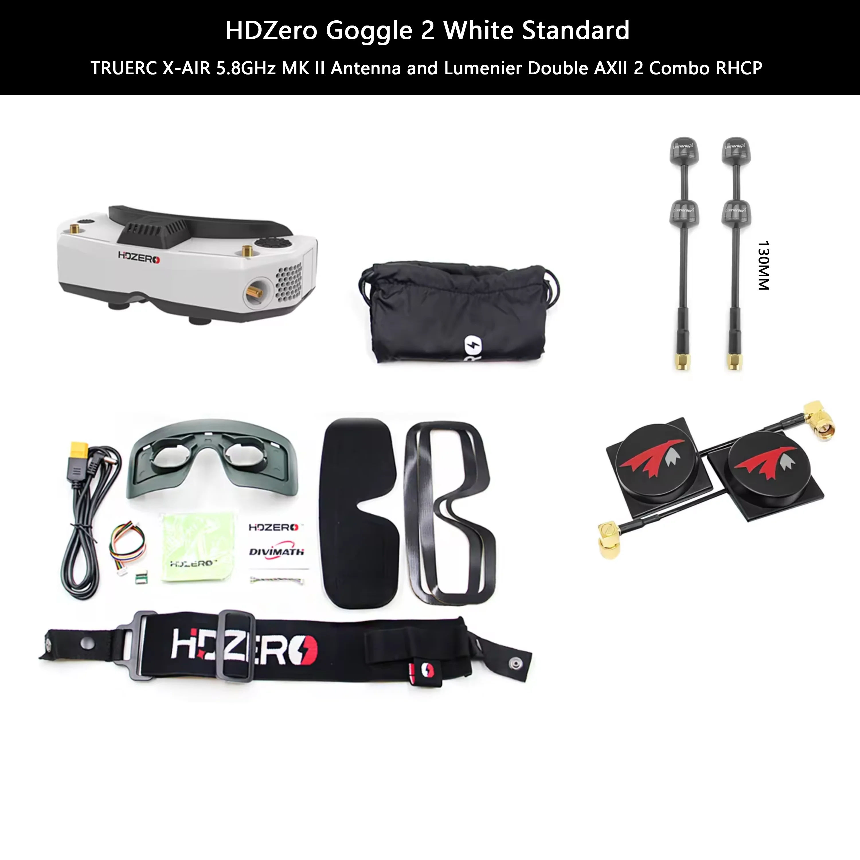HDZero FPV Goggles2 White + TrueRC X-Air MKII + Lumenier Double 130mm antennas