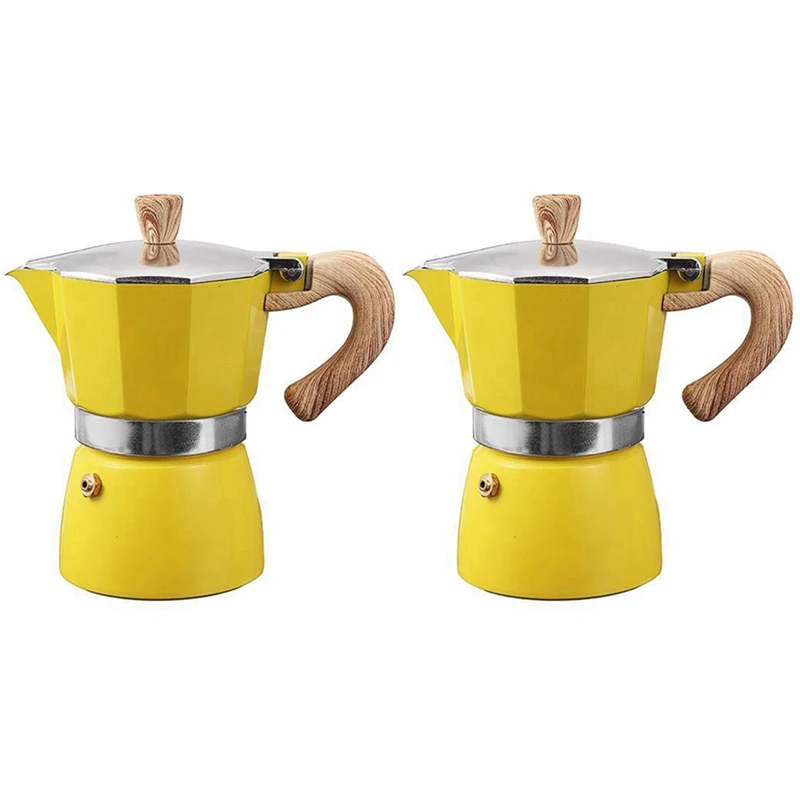 

New 2X Aluminum Italian Moka Espresso Coffee Machine Filter Stove Pot 3 Cups(Yellow)