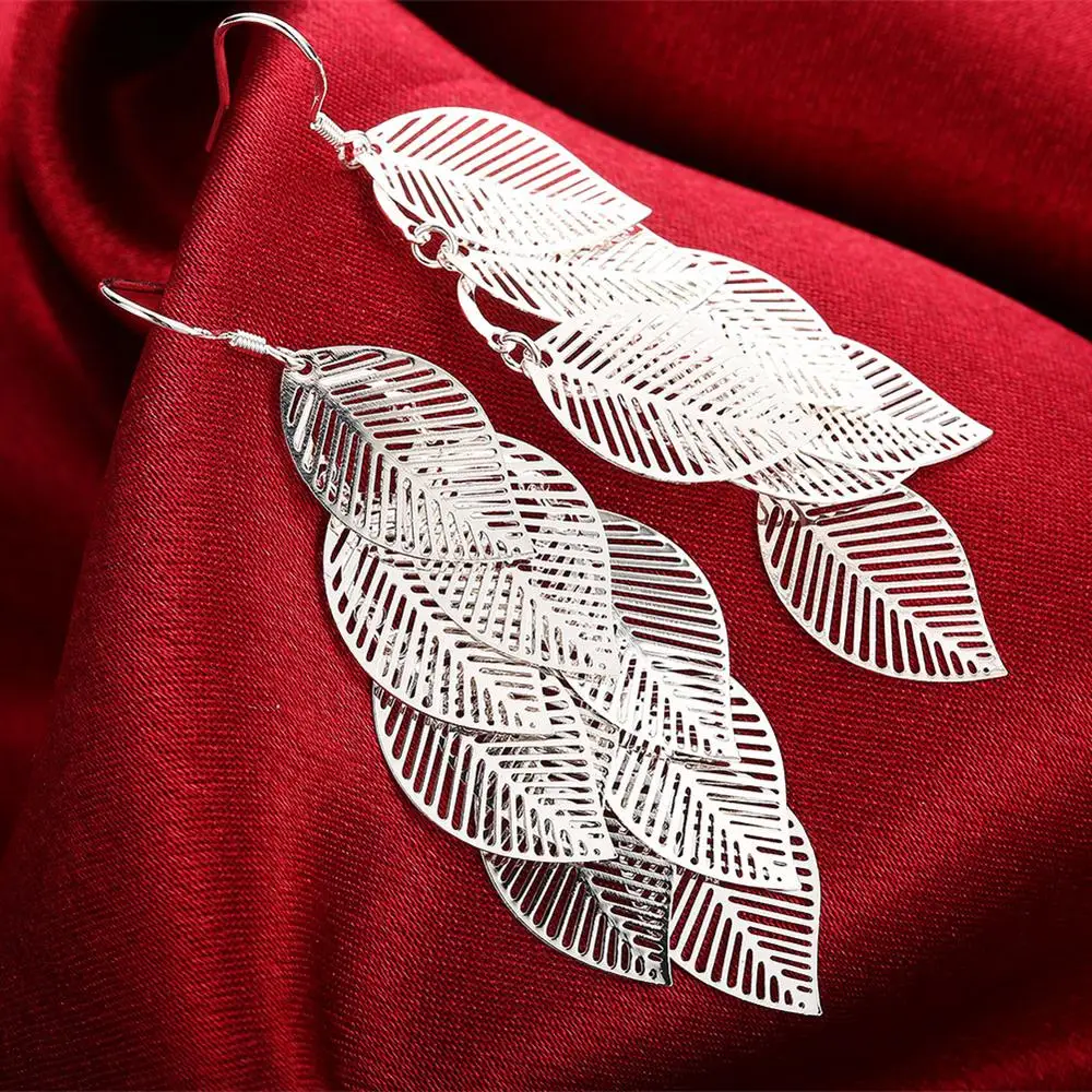 

925 Silver color Earrings fashion Jewelry Woman Layered Hollow Leaves Tassel Long Drop earrings Trendsetter Christmas Gifts