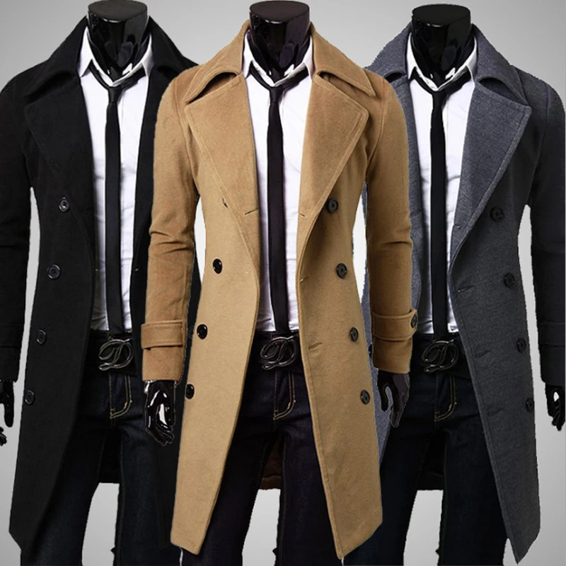 

Men Double Breasted Trench Coats Wool Blends Casual Overcoats Business Long Jackets Male Leisure Overcoats Fit Solid Coat 4XL