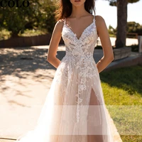 lace boho wedding dress 2022 spaghetti straps sexy bridal gown 2022 vestidos front split plus beach wedding gown