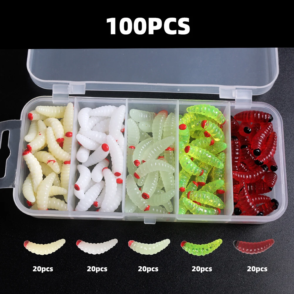 

100pcs Boxed Fishing Silica Gel Soft Bait Artificial Maggots Bait Fake Bait Silicone Mealworm Lure Luminous For Grass Carp