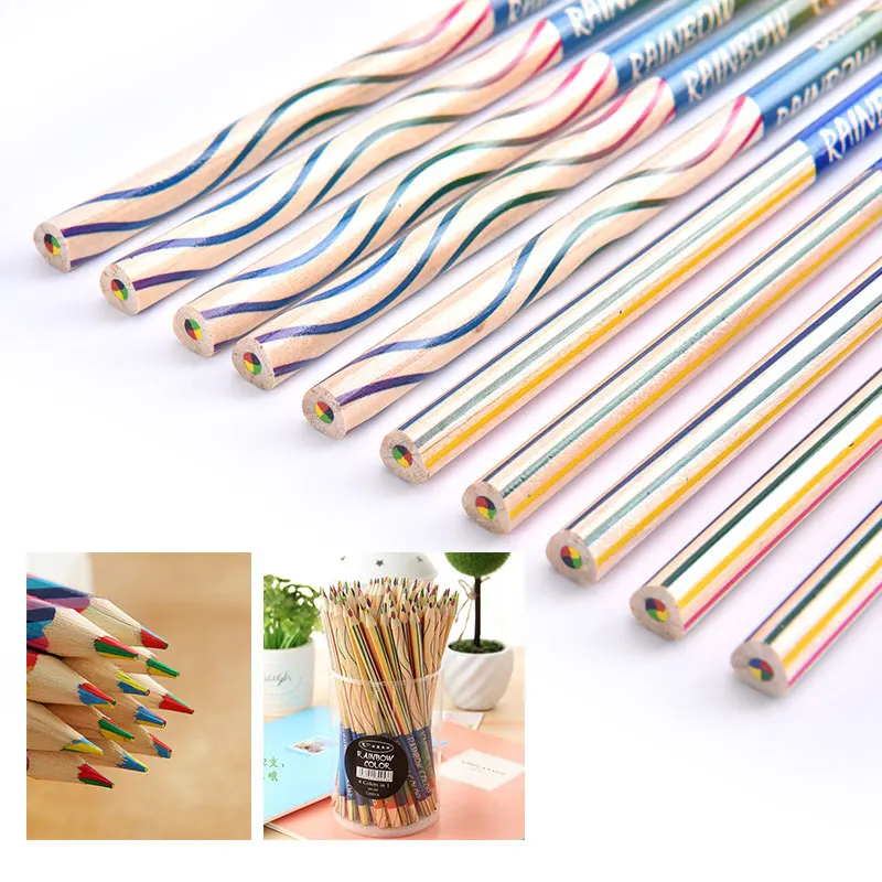 Conjunto de lápices arcoíris concéntricos Kawaii de 4 colores, juego de crayones de arte, suministros escolares para pintar, dibujo de Graffiti, 10 unids/paquete