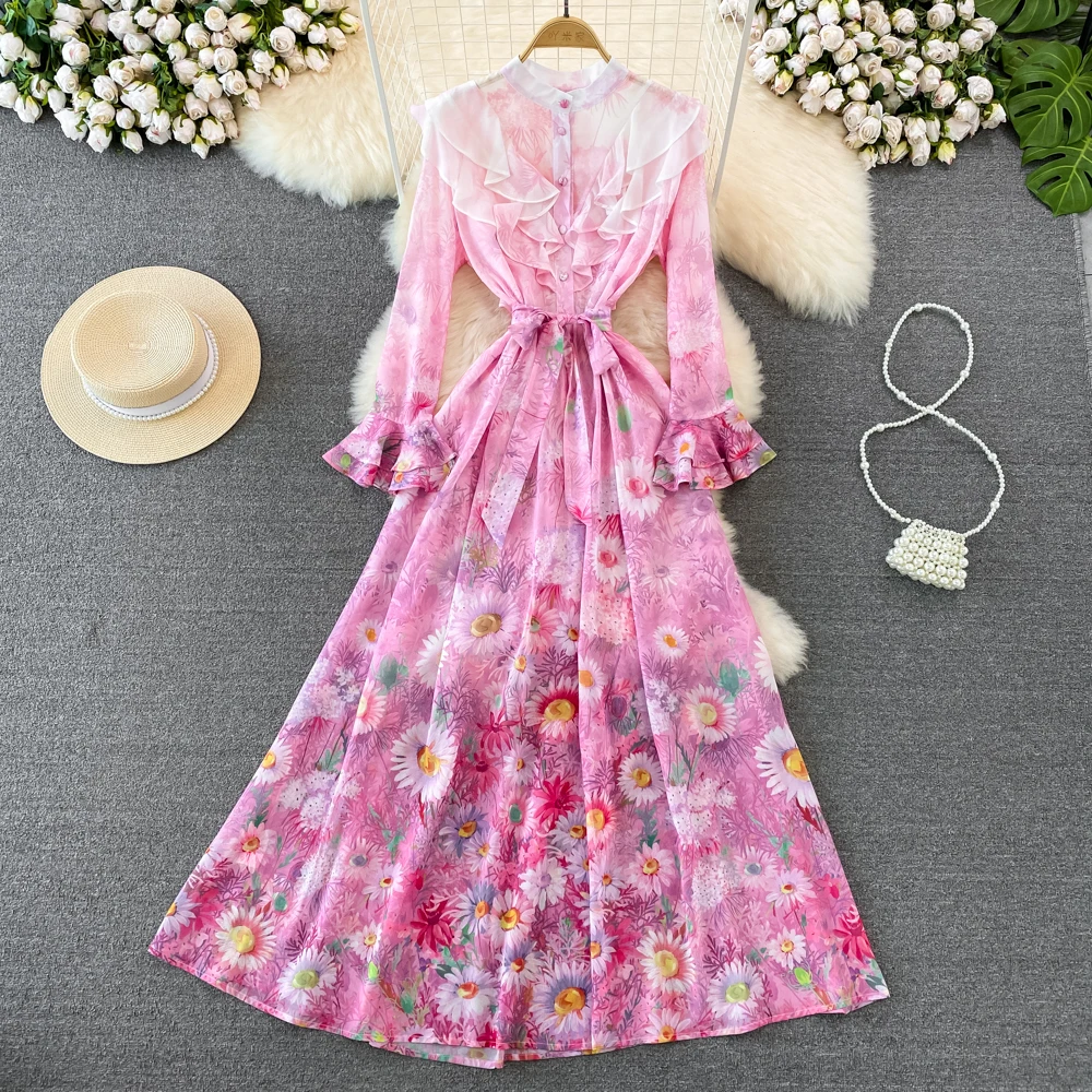Women's Elegant Floral Flare Sleeve Long Dress Spring Summer Flowers O Neck Single Breasted A Line Dress Lady Holiday Vestido