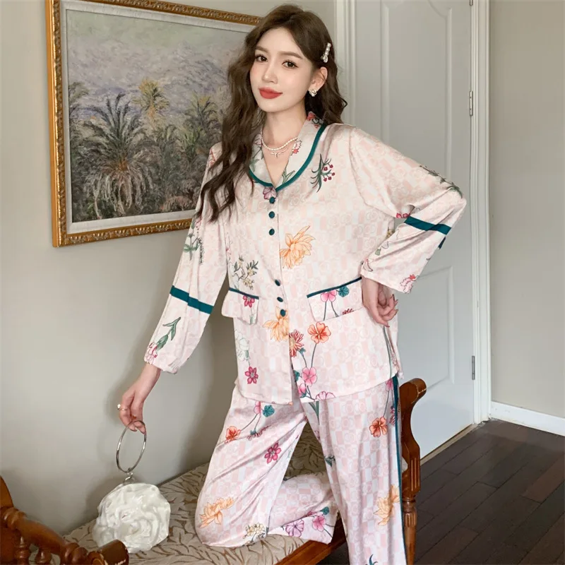 2023 New Ice Silk Pajamas Women's Suit Long-Sleeved Trousers Fashionable Printed Cardigan Homewear Can Be Worn outside