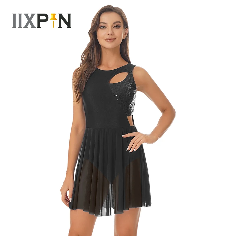 

Women Adult Sparkly Sequins Sleeveless Ballet Dance Gymnastics Leotard Dress Dancewear Figure Skating Performance Costume