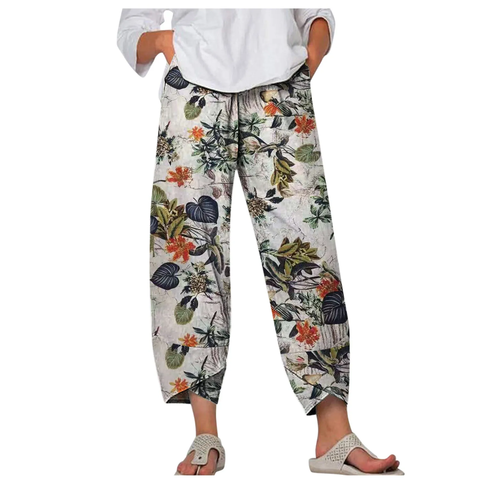 Women's Cotton Linen Wide Leg Pants Boho Vintage Floral Printed Loose Beach Trousers with Pockets Elastic Waist Wide Leg Pants
