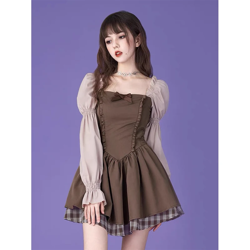 

Женское облегающее мини-платье с длинным рукавом, осень 2023, цельное платье, корейская мода, винтажное элегантное короткое женское платье Y2k