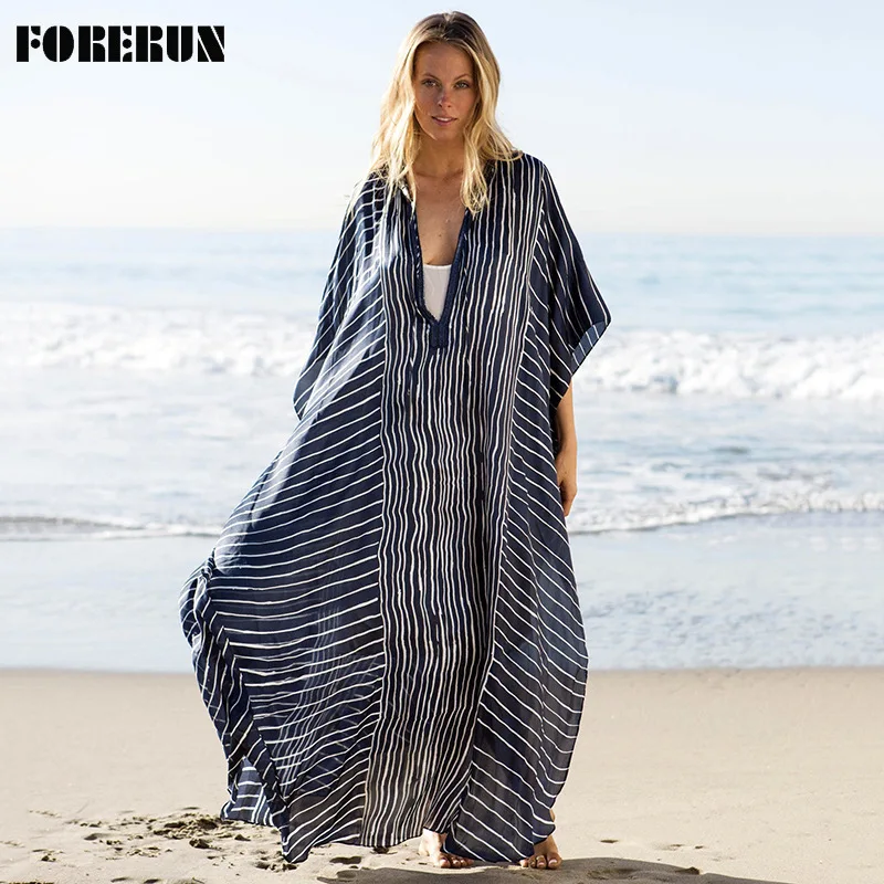 

FORERUN Striped Kaftan Long Dress Women Chiffon Loose Vacation Robe Plage Femme Summer Beachwear Bathing Suit Cover Ups