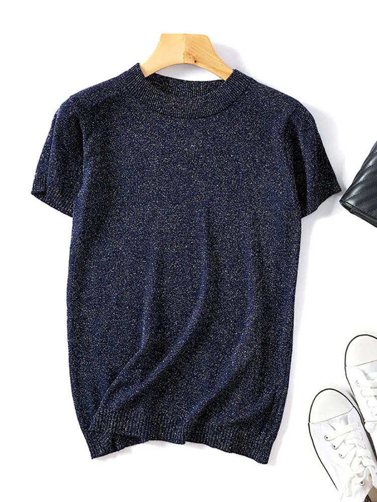 Блестящий лоскутный свитер разных цветов с люрексом и круглым вырезом Женский