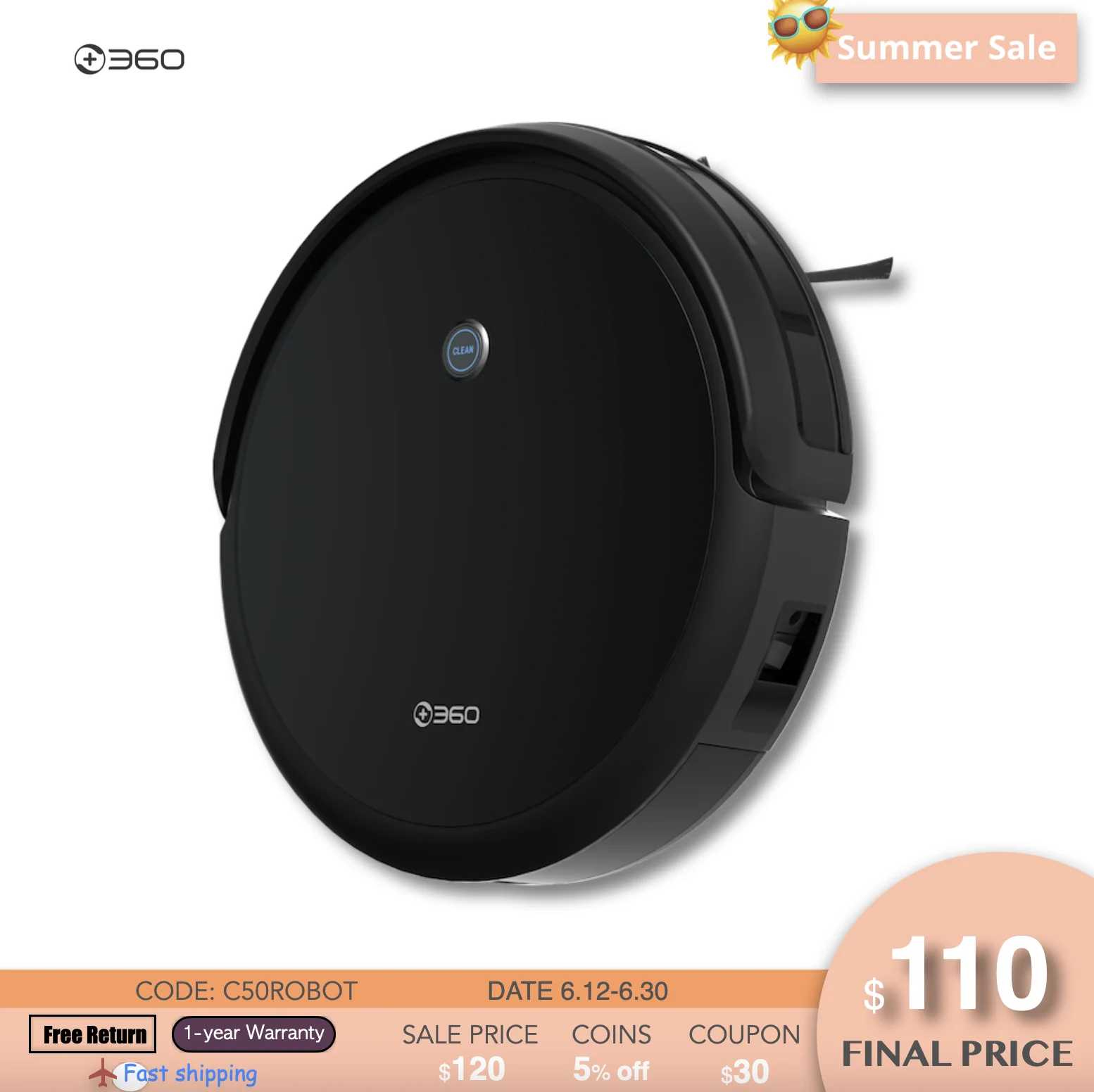 

360 C50 Robot Vacuum Cleaner Wireless Home Housekeeping Wet Mop Water Tank Large Dustbin Planned Map APP Control Alexa