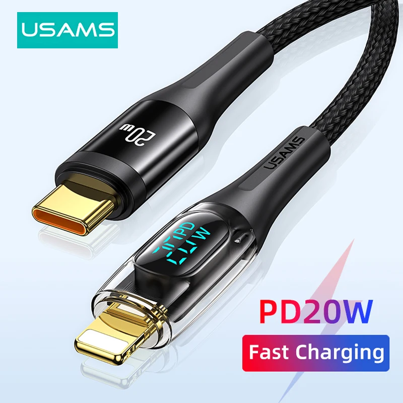 

USAMS 20W USB C Cable For iPhone 14 13 12 11 Pro Max iPad Digital Display Type C PD Fast Charging Cable Transparent USB Cables