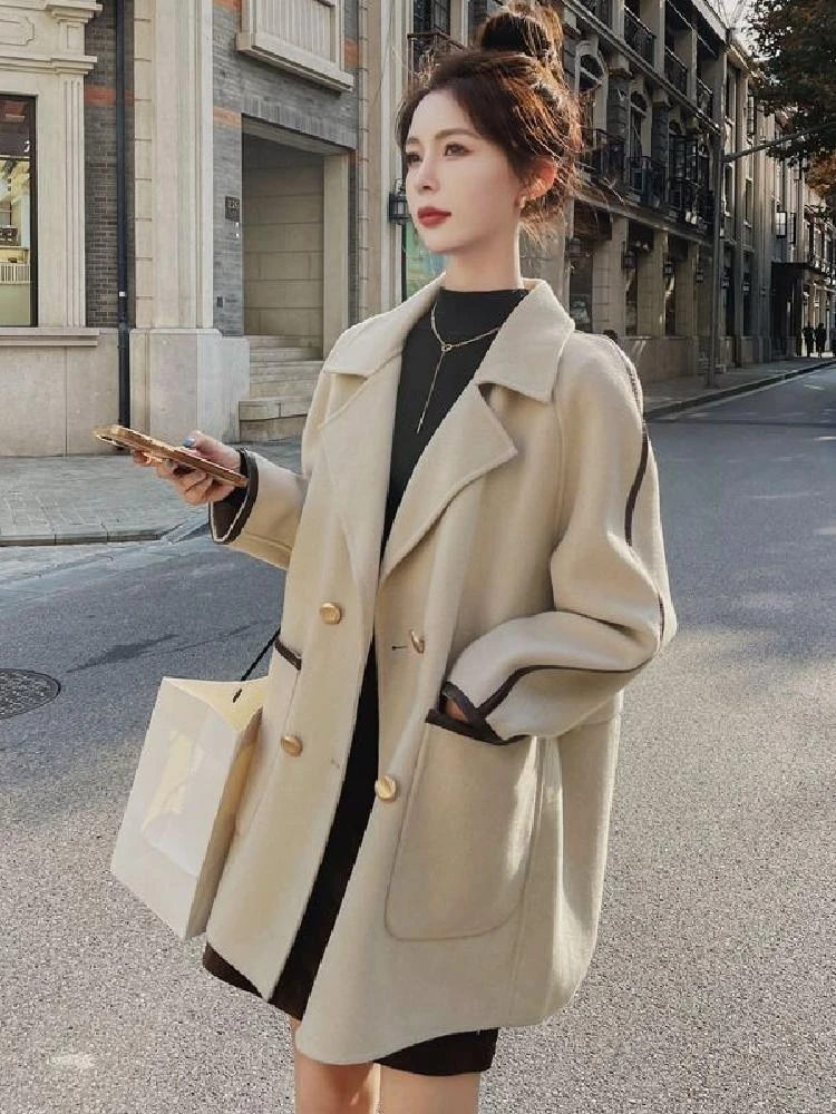 Черная шерстяная куртка женская короткая весна-осень 2023 новое кожаное лоскутное