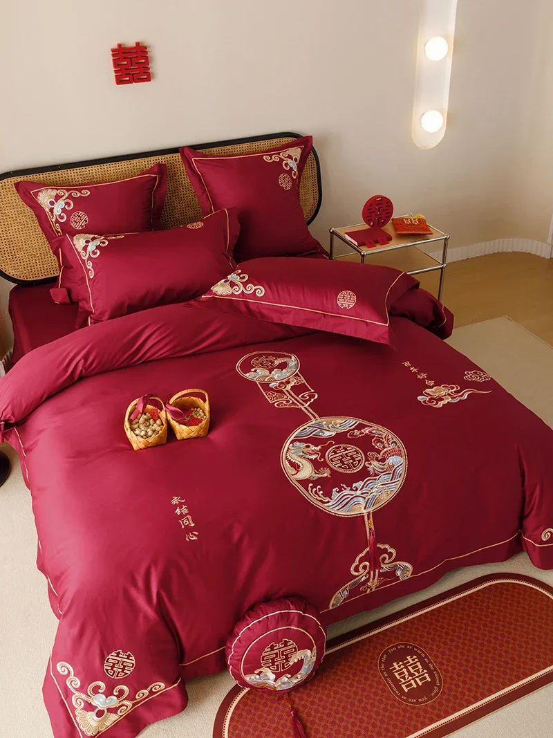 Новый китайский стиль Роскошная вышивка дракон и Феникс узел свадебный набор из