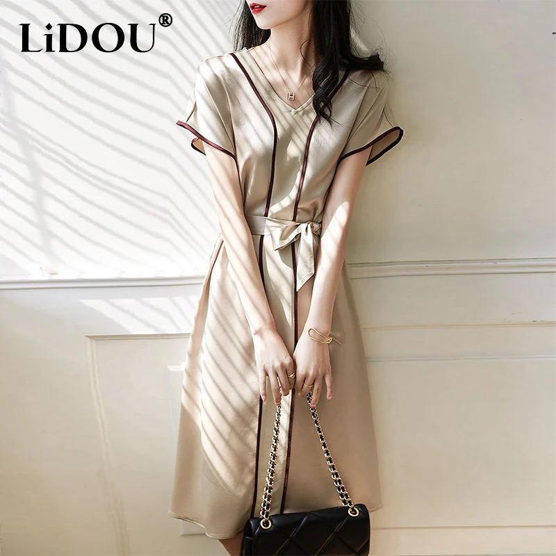 

2022 Summer Elegant Fashion V-neck Patchwork Waist Lace Up Dress Women Vintage Temperament Casual Dresses Roupas Femininas Robe