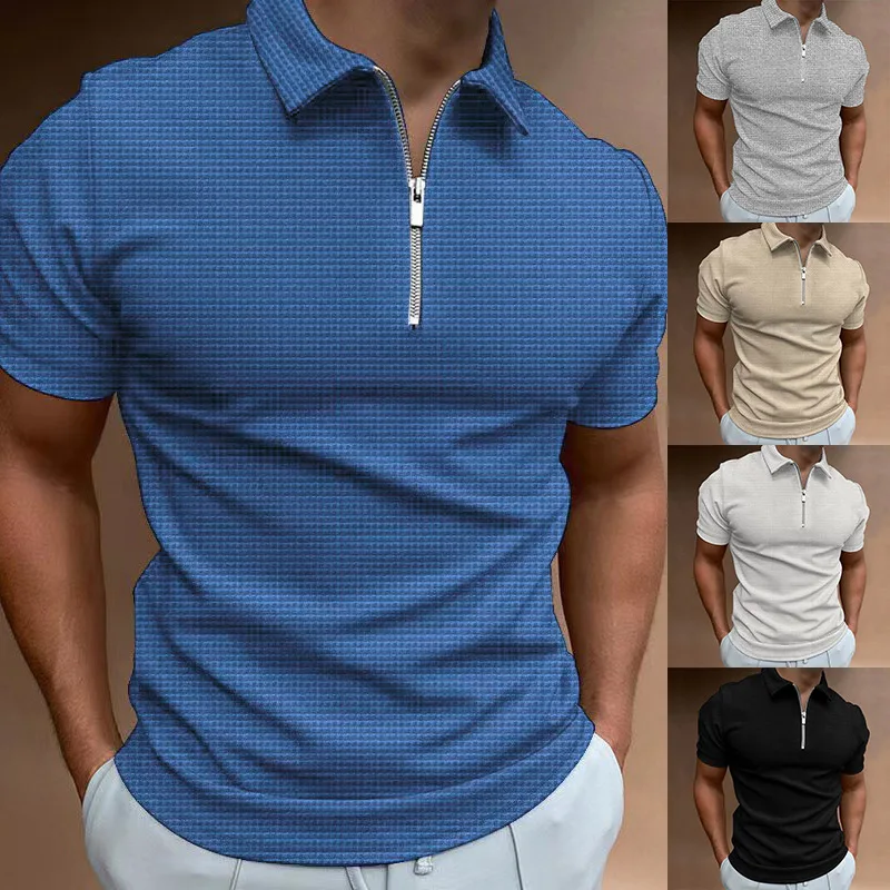 

Spring and Summer Amazon New Waffle Zipper Polo Shirt Plaid Color Matching Men's T-shirt Top