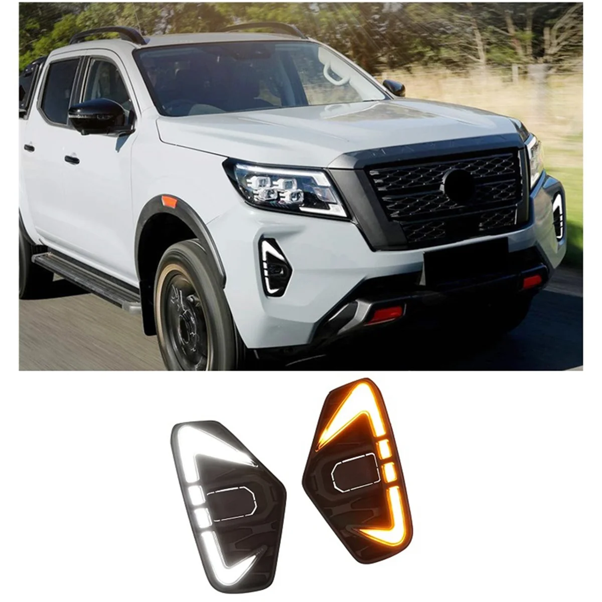 Фото Светодиодные дневные ходовые огни, противотуманные фары для Nissan Navara NP300 2020-2023, DRL, янтарный указатель поворота №2
