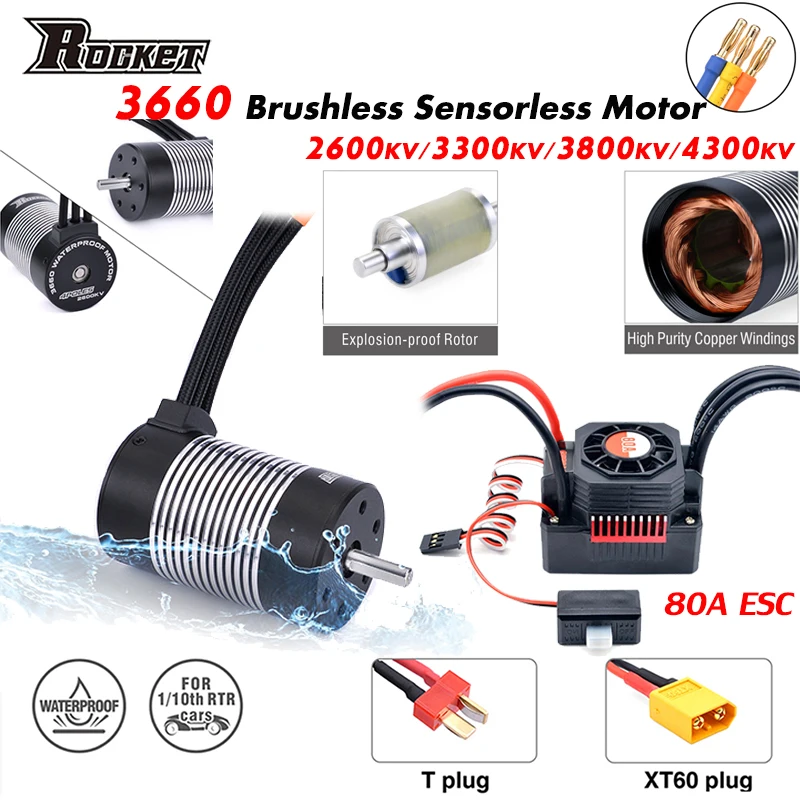 Rocket 3660 Waterproof Brushless Sensorless Motor 3.175/5mm with 80A ESC T/XT60 Plug Combo for 1/10 RC Car Model WLtoy 12428 WPL