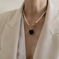 vintage baroque irregular natural pearl necklaces for women girl blue color heart linked chain pendant chokers necklace jewelry