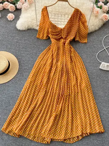 New Summer Chiffon Polka Dot Midi Women's Black Dress Short Sleeve Boho Elegant Party White Vestidos Fashion Female Clothings
