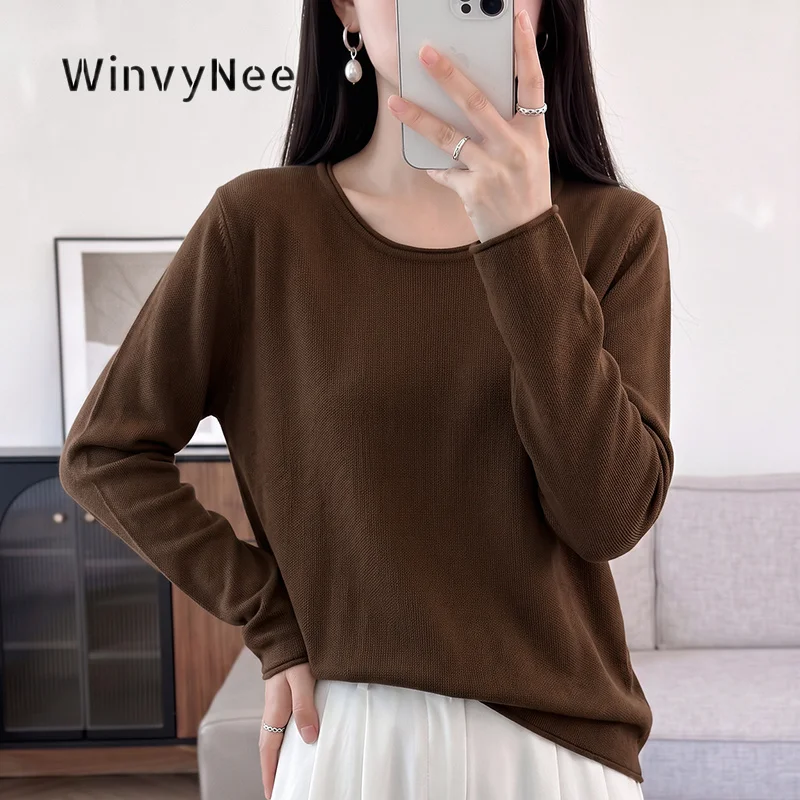 Фото Женский вязаный топ WinvyNee, 100% хлопок, круглый вырез, длинный рукав, свободный крой, приятный к телу, универсальная базовая одежда, повседневный стиль, модель ZA1002054. №2