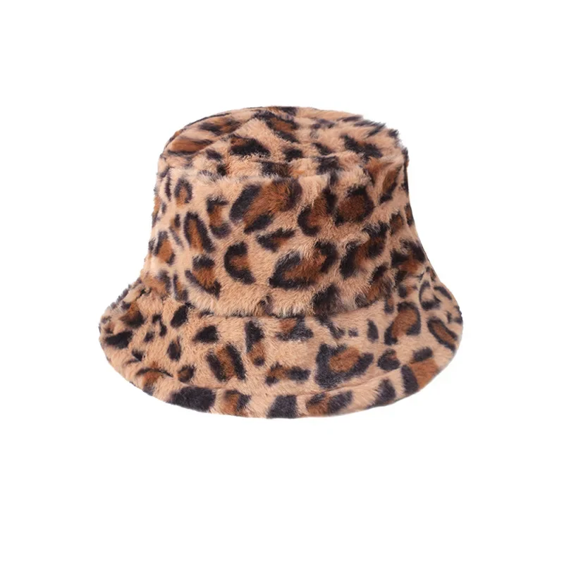 

Women's Fashion Leopard Panama Warm Hats Winter Bucket Hat Female Vintage Faux Fur Fisherman Cap Hats For Women