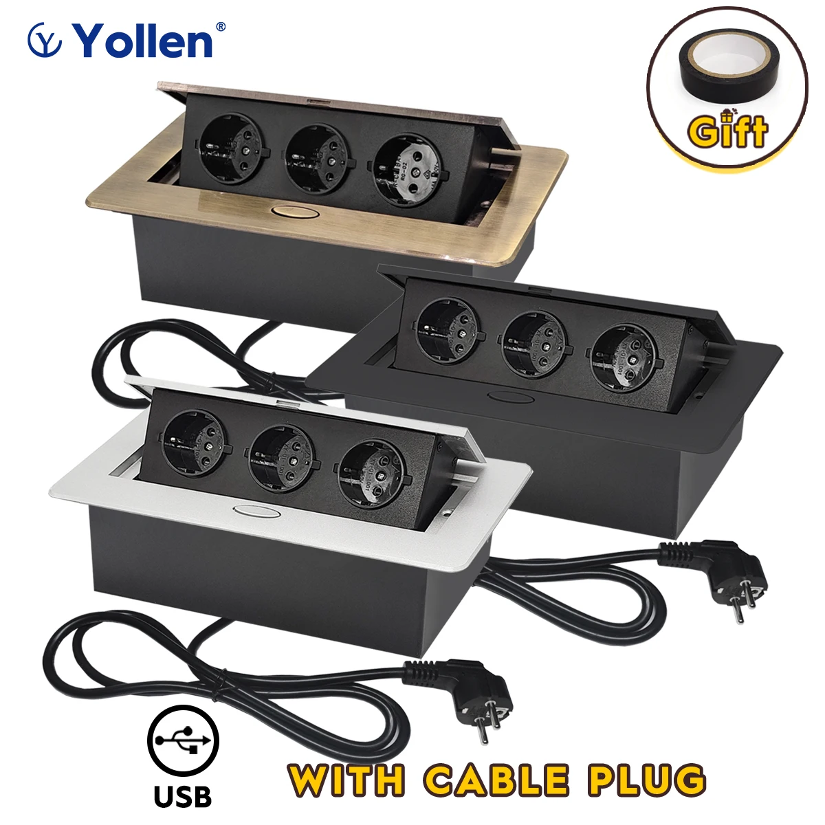 com Plugue de Cabo Eur tipo Escondido Mesa Tomada Tomada Usb Painel Alumínio Gabinete da Cozinha do Escritório Desktop Metal Capa Cor