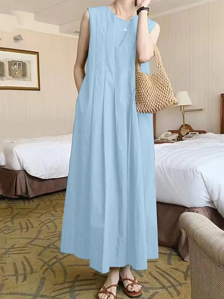 

2023 ZANZEA Fashion Summer Women Elegant O Neck Sleeveless Solid Long Dress Robe Femme A-line Tank Vestido Casual Loose Sundress