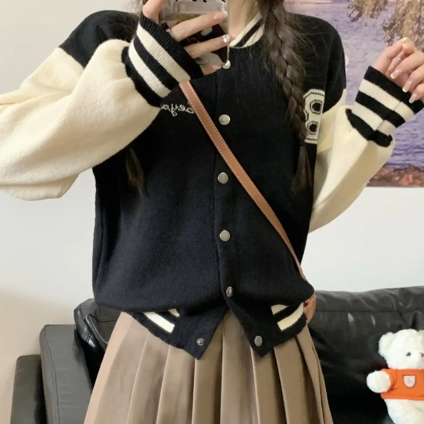 Модный повседневный бейсбольный трикотаж с буквенным принтом вязаный кардиган