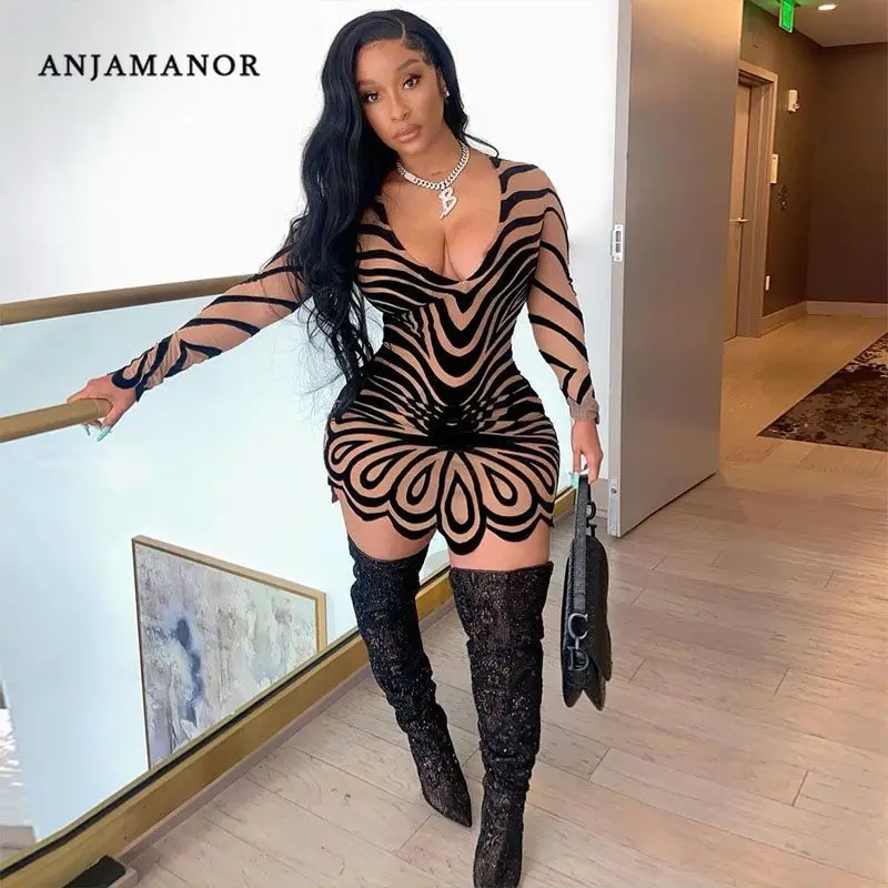 

ANJAMANOR Geometric Print Irregular Long Sleeve Bodycon Mini Dress Fall Clothes for Women 2021 Fashion Sexy Clubwear D85-BE16