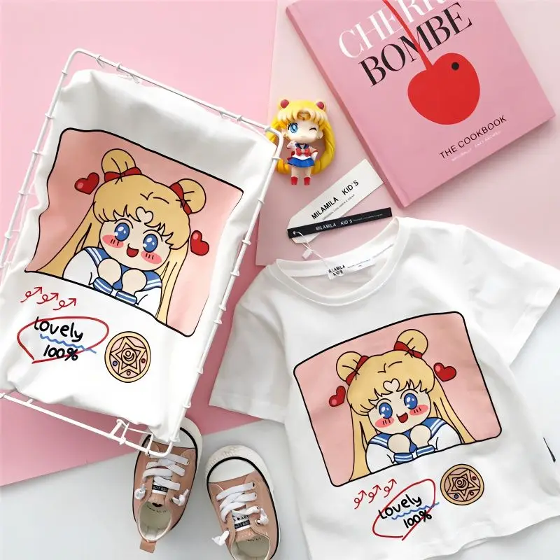 

Детская летняя хлопковая быстросохнущая воздухопроницаемая футболка с коротким рукавом и принтом аниме Kawaii Сейлор Мун