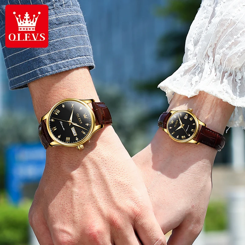 OLEVS Luxury Genuine Watch 2022 New Fashion Casual Couple Watches Mechanical Watch Luminous Waterproof Leather Strap Couple 9932