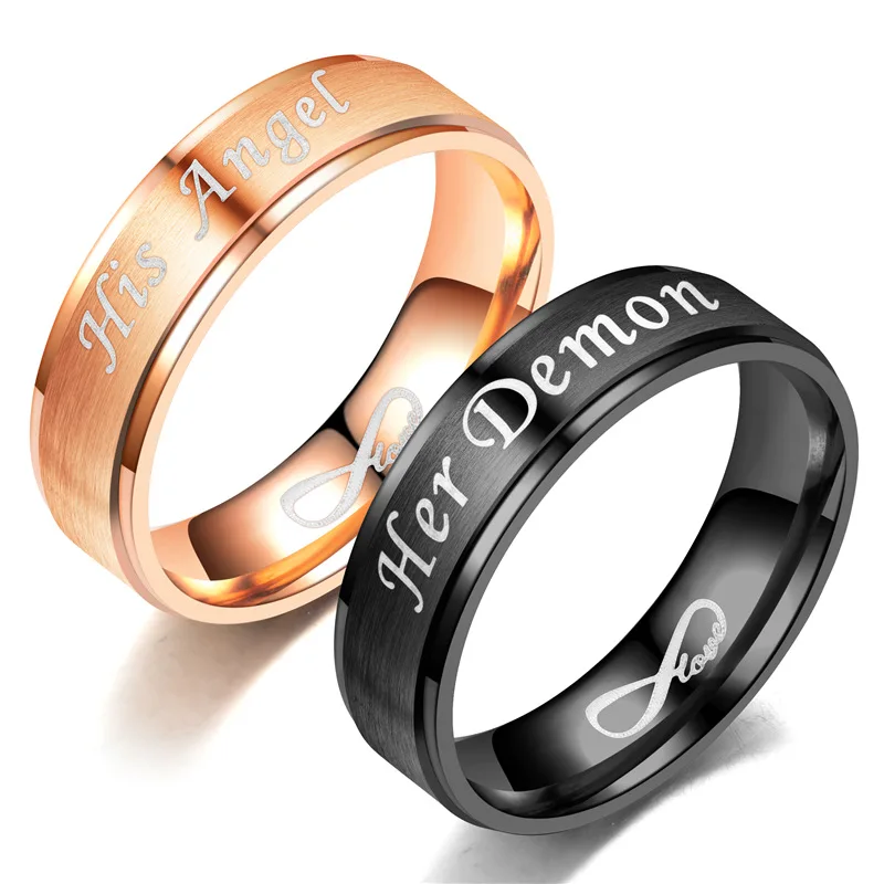 

Her Demon His Angel Love Stainless Steel Couple Ring Beads for Rings Women Men's Finger Dating Rings Pair