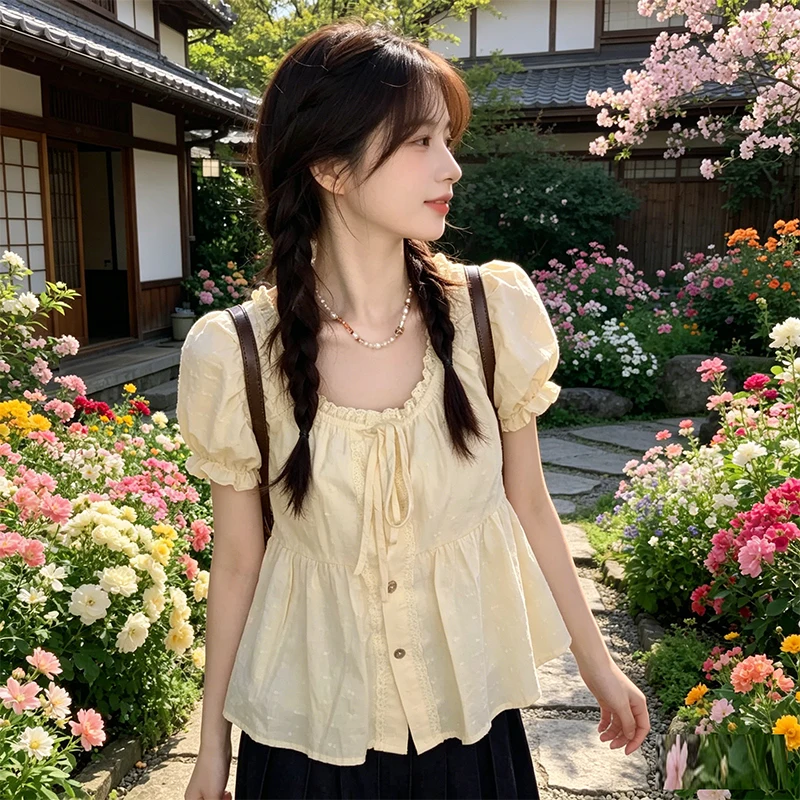 Фото Женская блузка с рюшами и завязками в стиле Harajuku, однобортная, с квадратным воротником, в эстетике Y2K, гранж, уличная мода №2