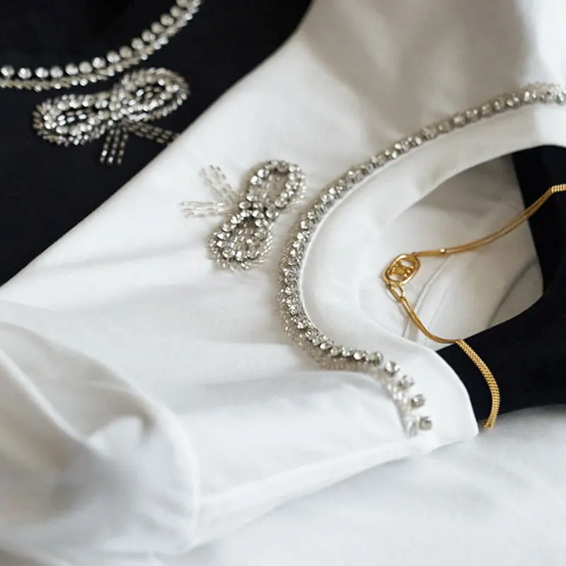 

Fashion Women Bow Rhinestones Beading T Shirt Spring New Short Sleeve O-neck All-match Tee Tops