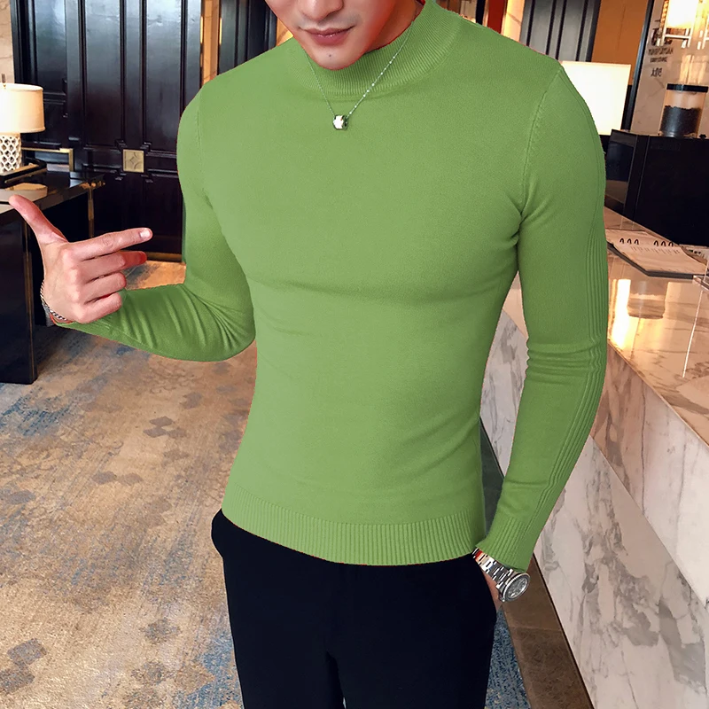 2022 Men's Fall Winter Fashion Long Sleeve Knit Sweater Simple Solid Color Slim Casual High Neck Streetwear