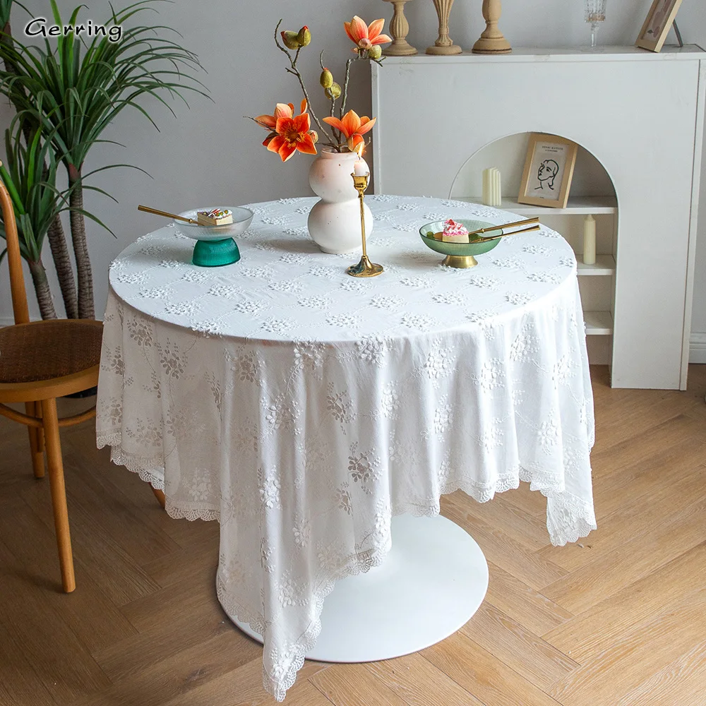 

Gerring Picnic White Tablecloth Embroidered Luxury Lace Table Cloth Birthday Wedding Decoration Retro Cover Table Protector