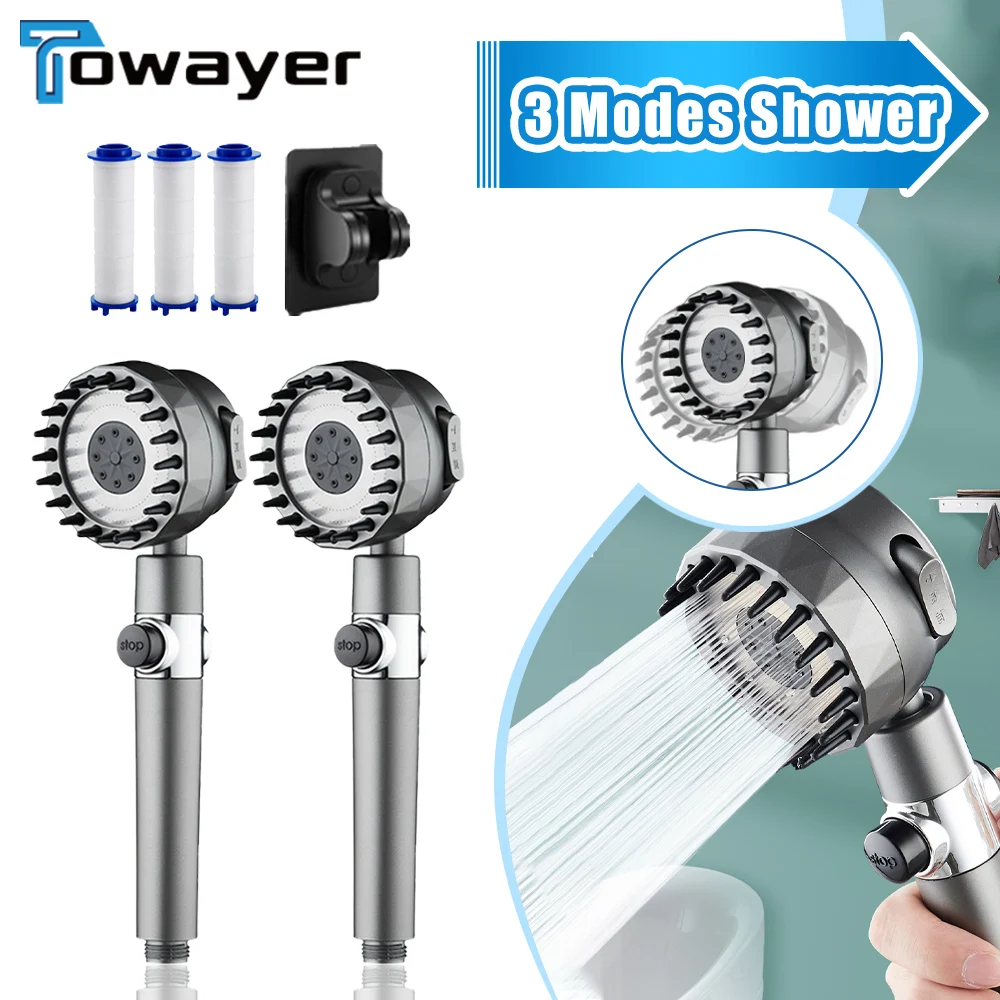 

3 Modes Shower Head High Pressure Water Saving Shower Faucet Tap One-Key Stop Adjustable Rainfall Portable Filte Showerhead Sets