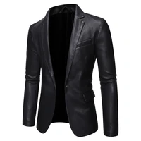 2022 new style casual mens pure color v collar business casual slim mens suit leather coat one button full mens faux leather